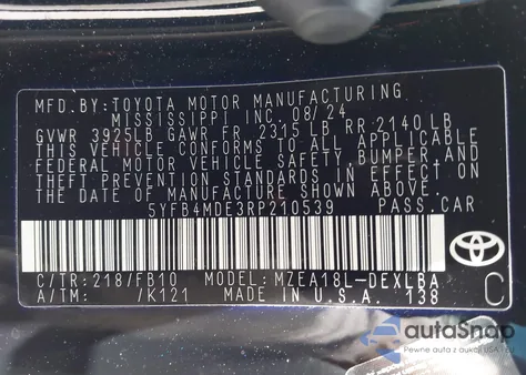 2024 Toyota Corolla Le из США, поврежденный, VIN 5YFB4MDE3RP210539